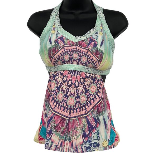 Calia Carrie Underwood  Tankini Top Layered Cutout Design Floral Teal Swim Small - Picture 6 of 6